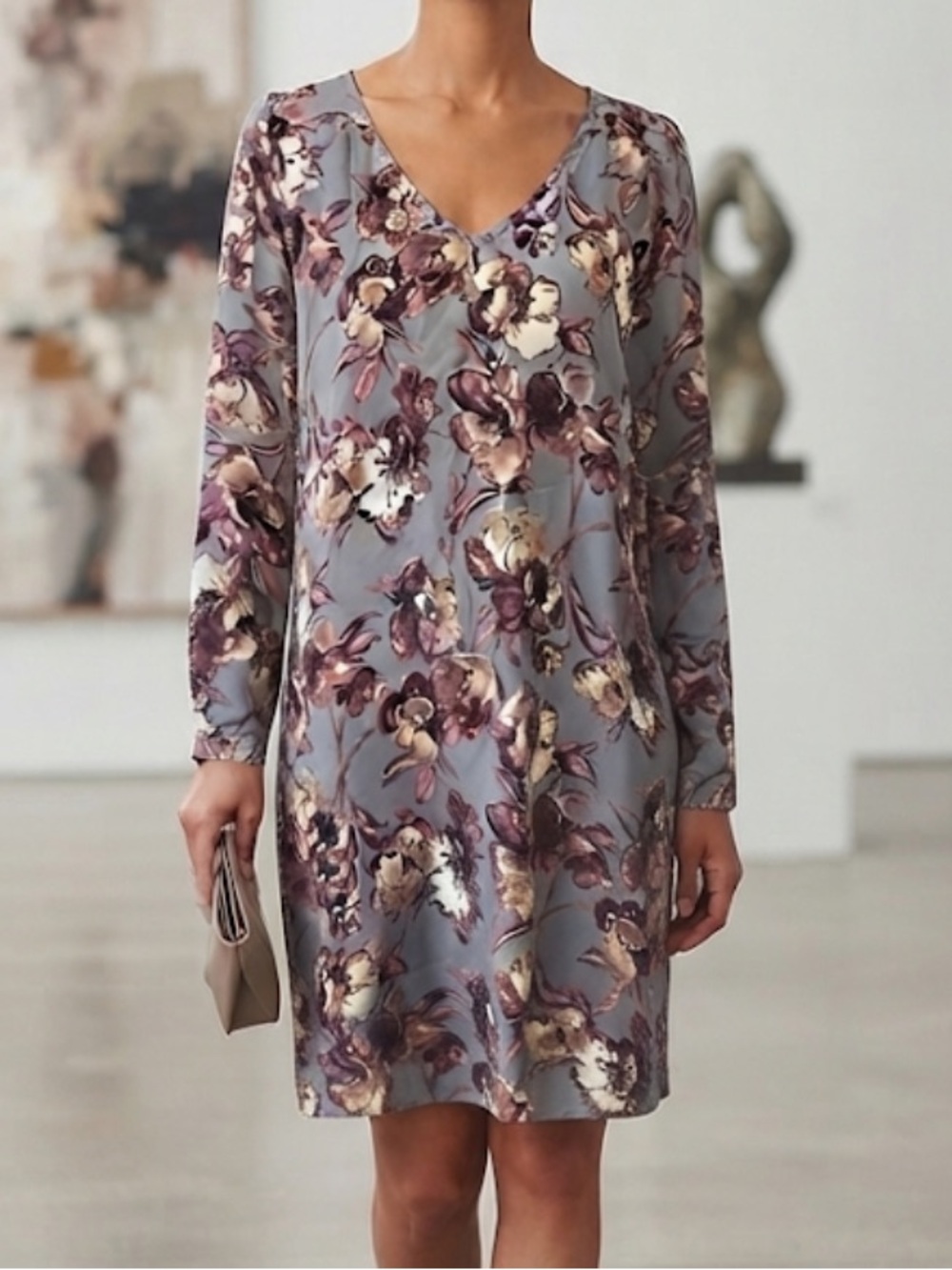 V-Neck Floral Long Sleeve Tunic Top - Mauve Gray